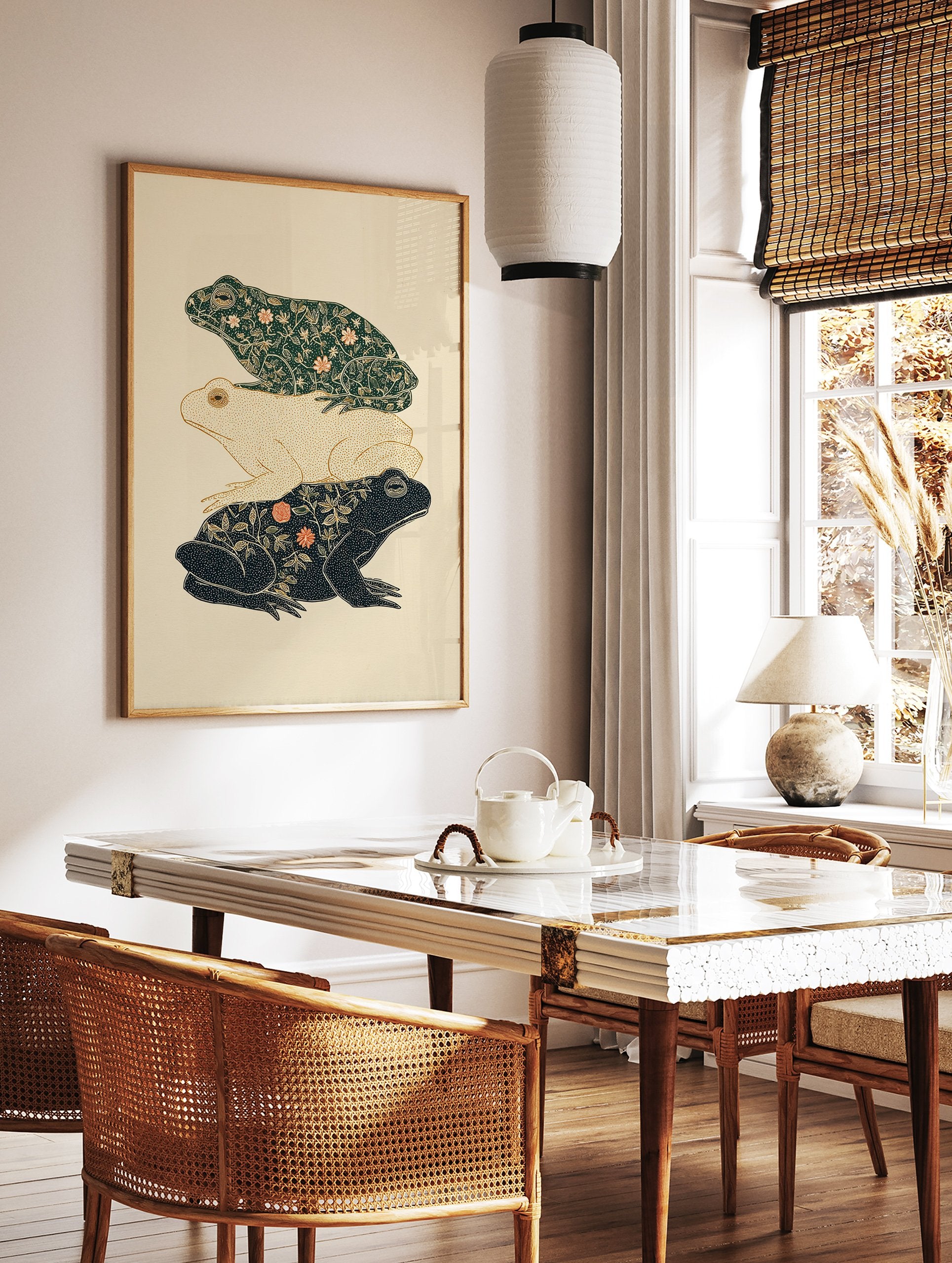 Three stacked frogs art print with intricate dark green, cream, and black botanical patterns on a light background. - Image 2