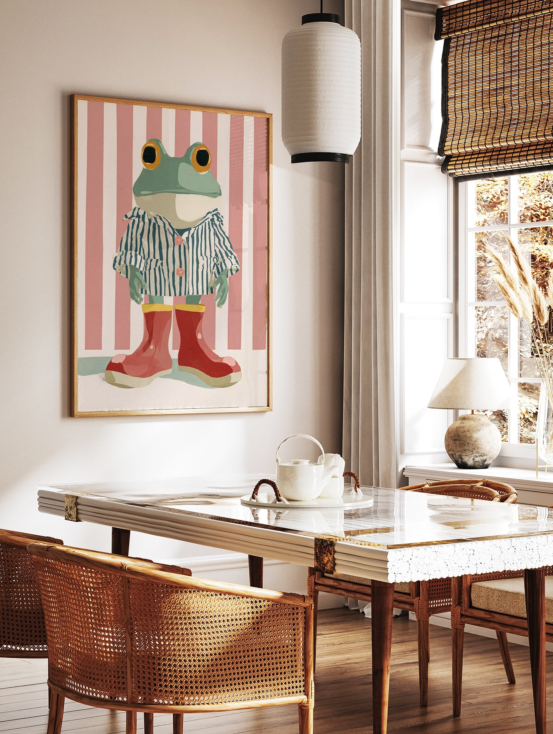 Whimsical frog art print in blue striped pajamas and red boots against a pink and white striped background. - Image 2