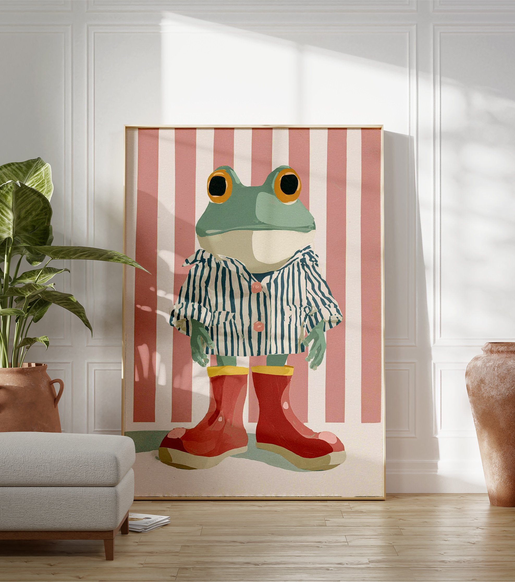 Whimsical frog art print in blue striped pajamas and red boots against a pink and white striped background. - Image 3