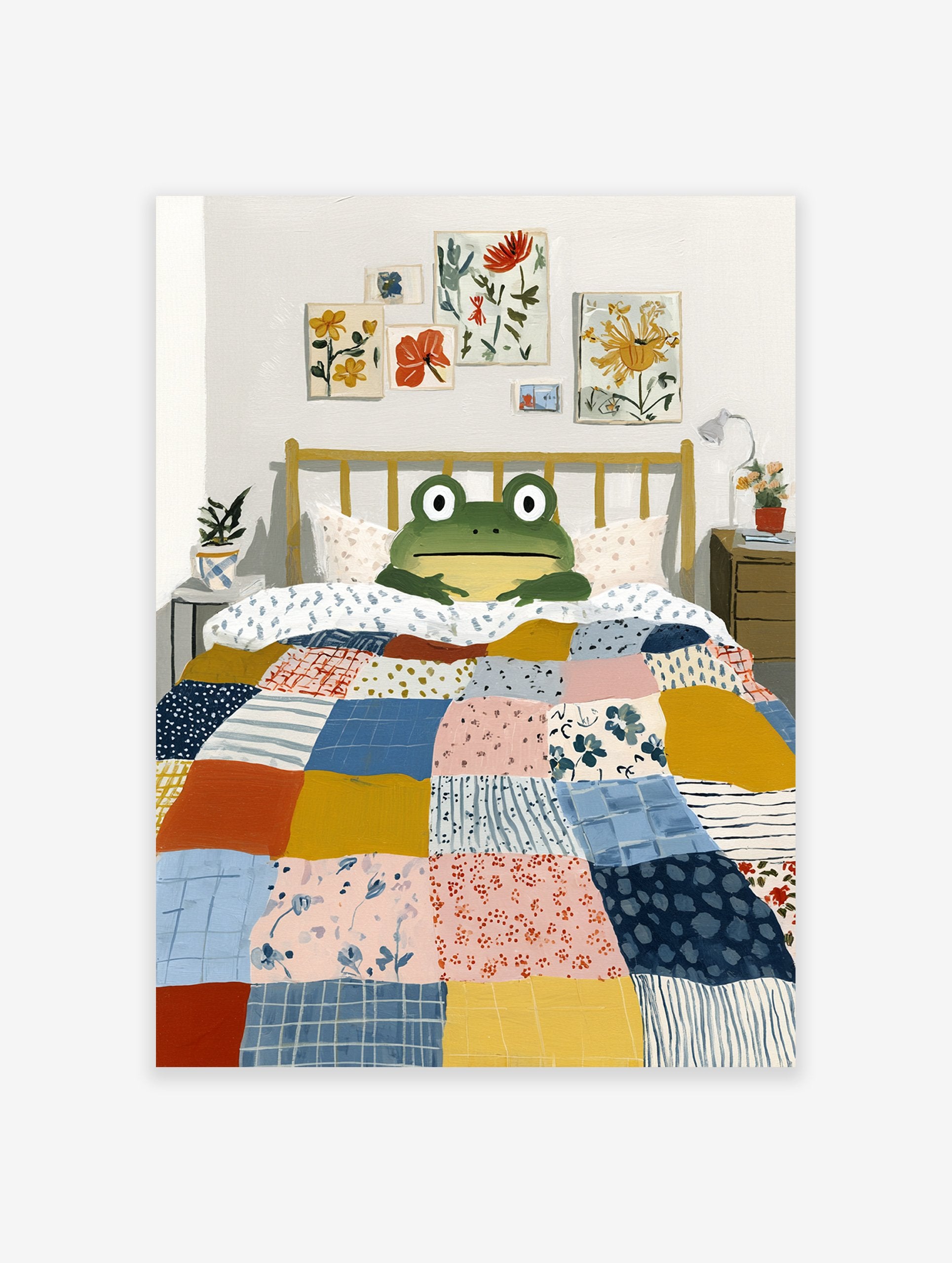 Whimsical frog in bed under a colorful patchwork quilt, surrounded by botanical art prints. Cozy frog art illustration.