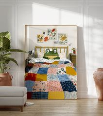 Whimsical frog in bed under a colorful patchwork quilt, surrounded by botanical art prints. Cozy frog art illustration. - Image 3