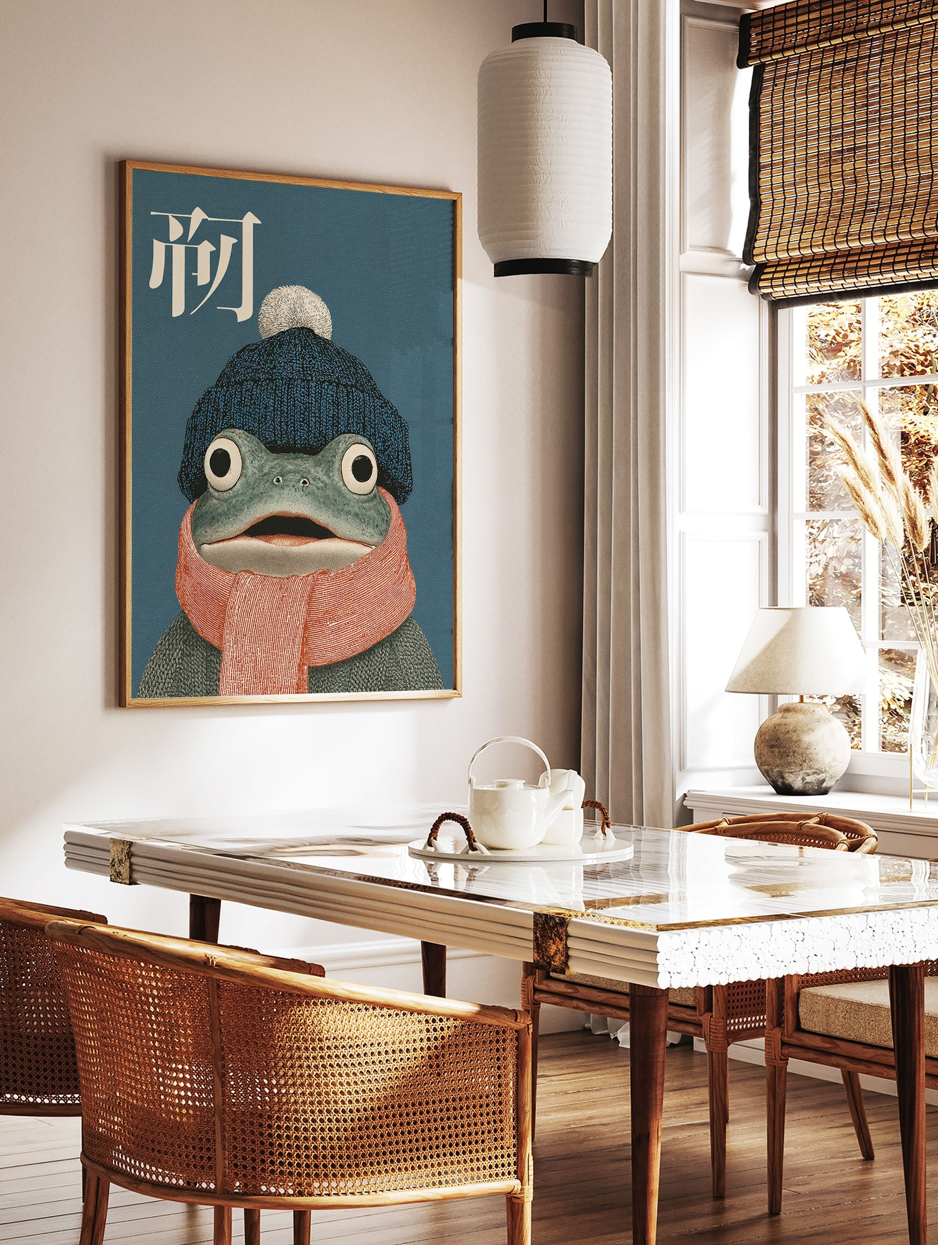 Whimsical frog art print featuring a frog wearing a blue beanie and orange scarf on a teal background with Chinese character. - Image 2