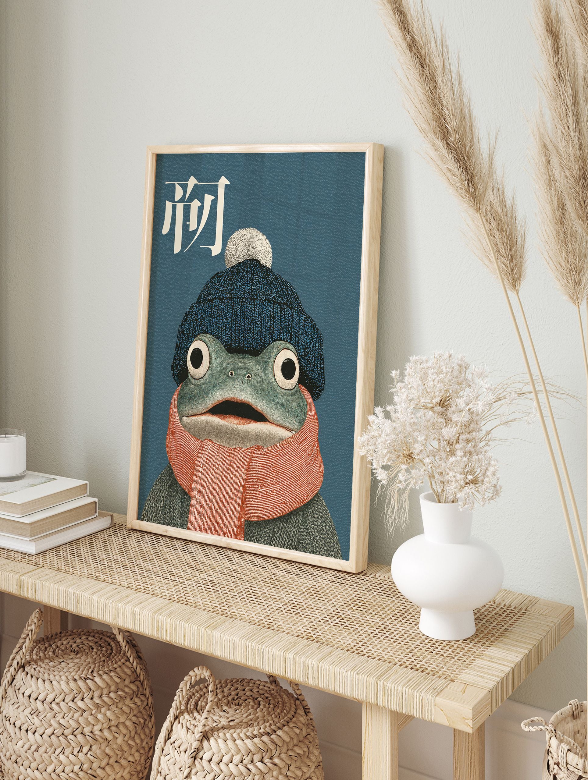 Whimsical frog art print featuring a frog wearing a blue beanie and orange scarf on a teal background with Chinese character. - Image 3