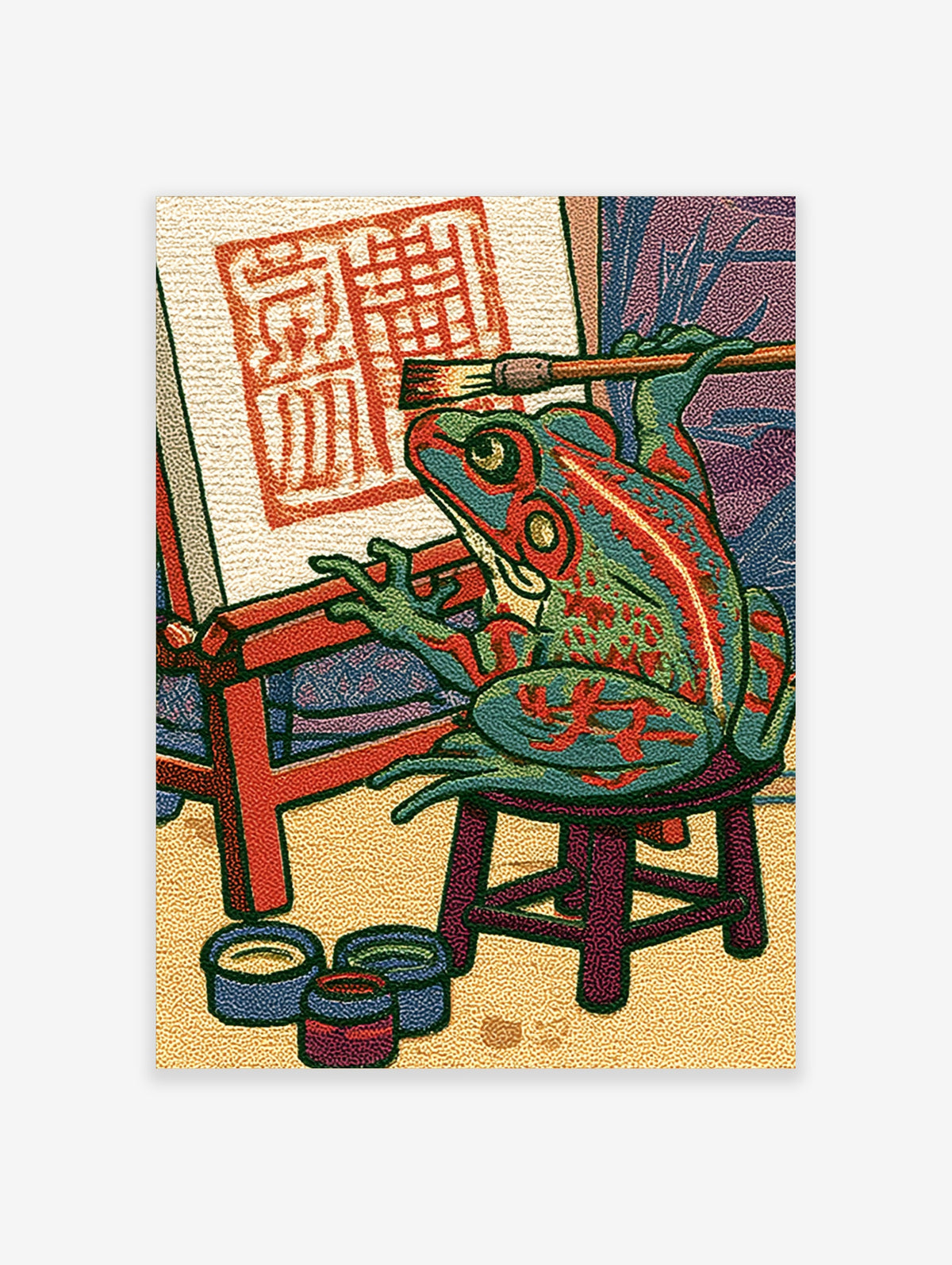 Frog artist painting red kanji on canvas, sitting on stool with paint pots below