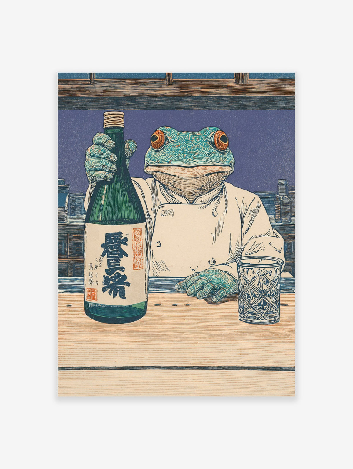 Frog chef in white coat holding sake bottle with kanji text, woodblock style print at a bar