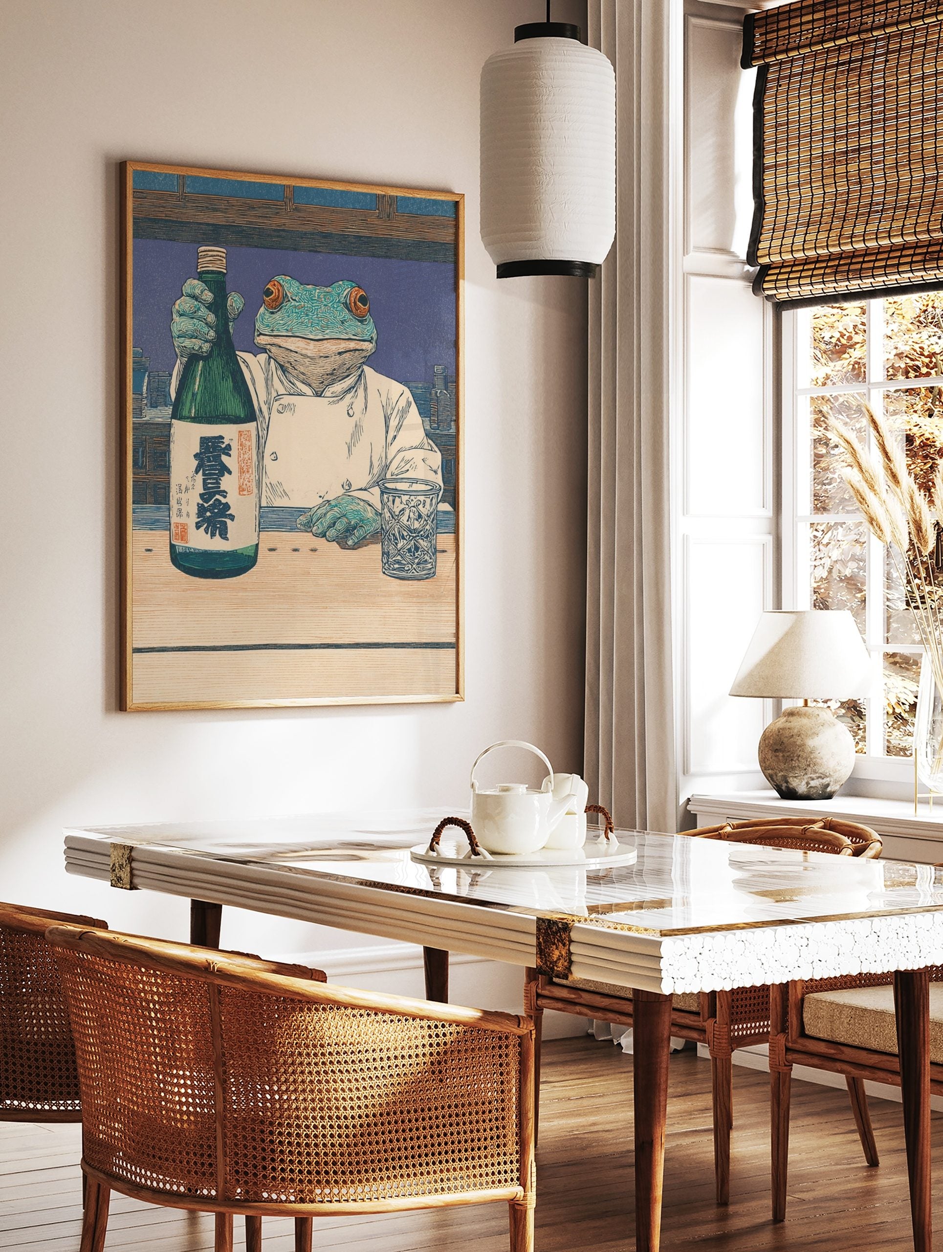 Frog chef in white coat holding sake bottle with kanji text, woodblock style print at a bar, in a styled room mockup