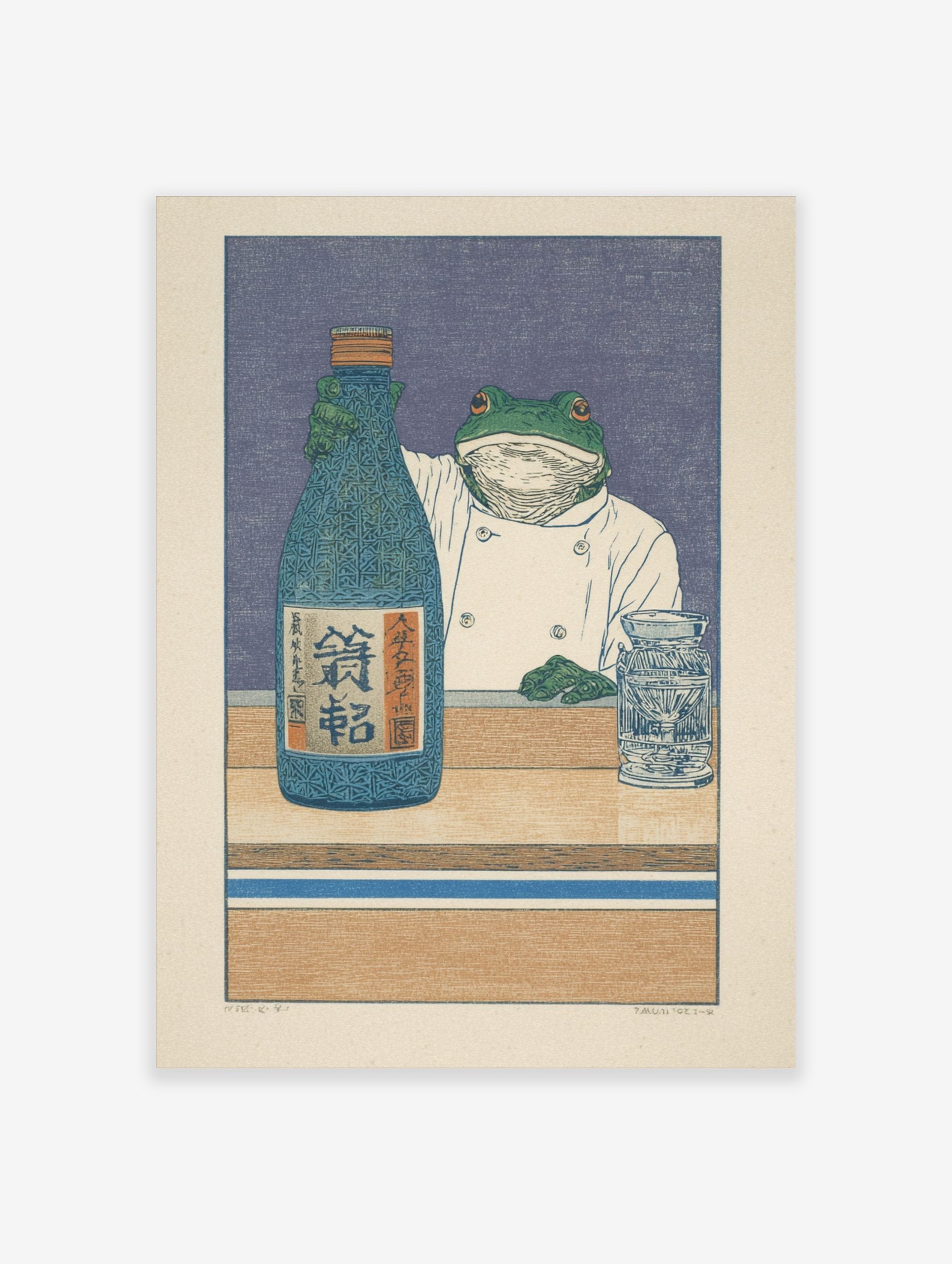 Illustrative print of a frog chef holding a blue sake bottle with Japanese Kanji on a wooden counter