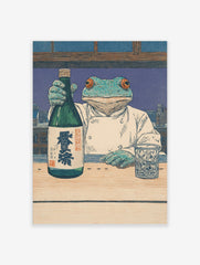 Ukiyo-e style print of a frog chef holding a green sake bottle with kanji, next to a patterned glass on a counter