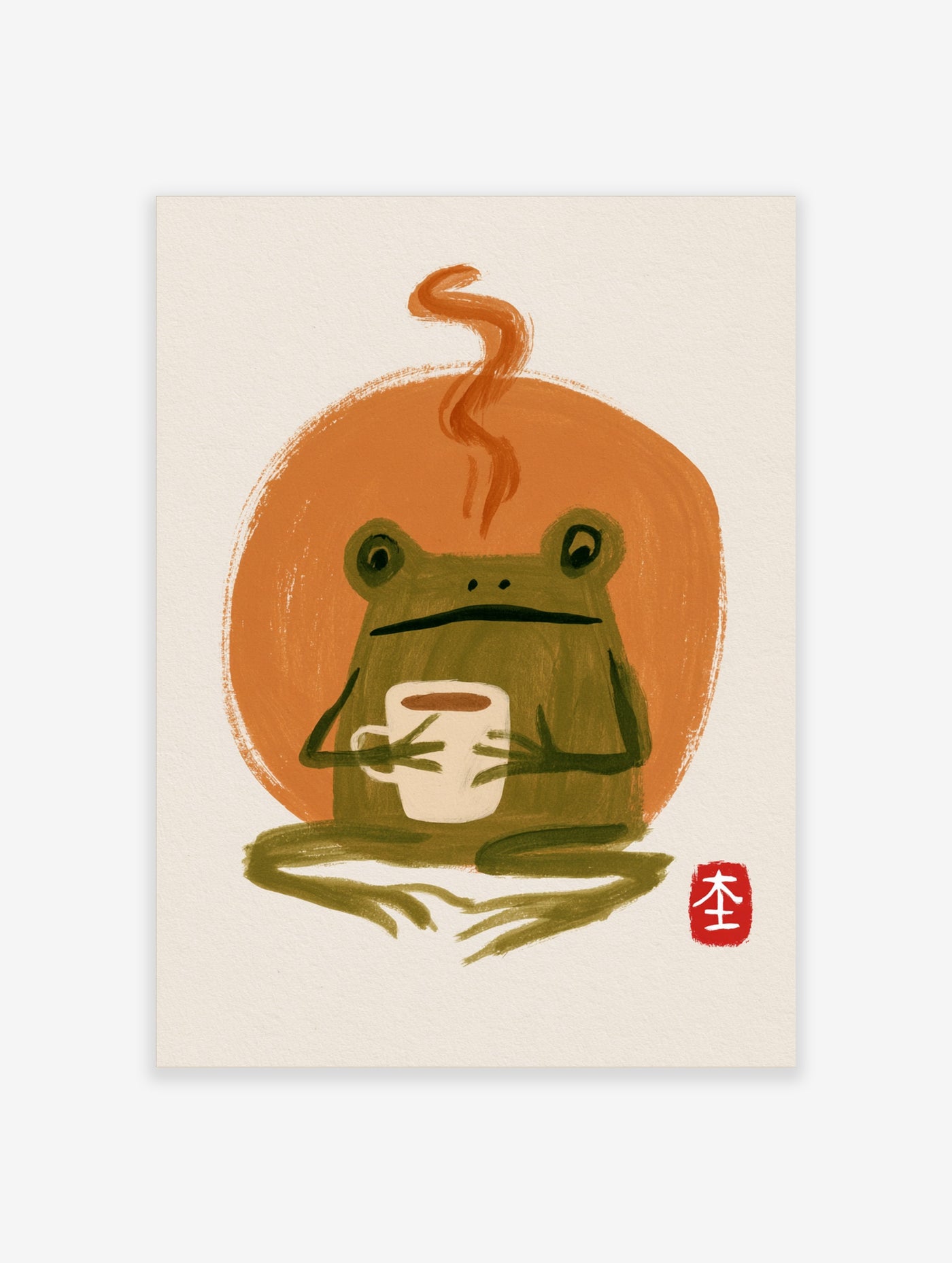 Painterly illustration of a frog holding a coffee mug with steam against an orange circle on a cream background