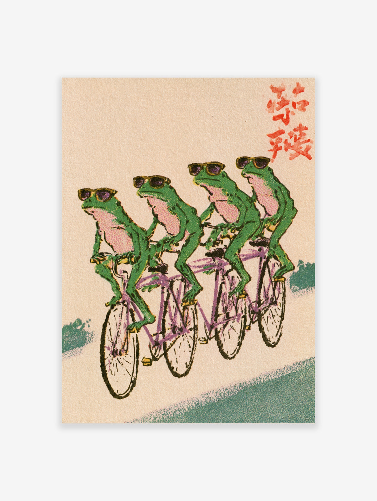 Four green frogs in sunglasses riding purple bicycles on a cream background with red characters