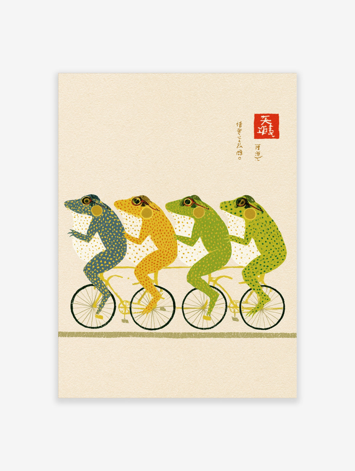 Four frogs in goggles and headphones riding a tandem bicycle, Japanese style poster with red seal