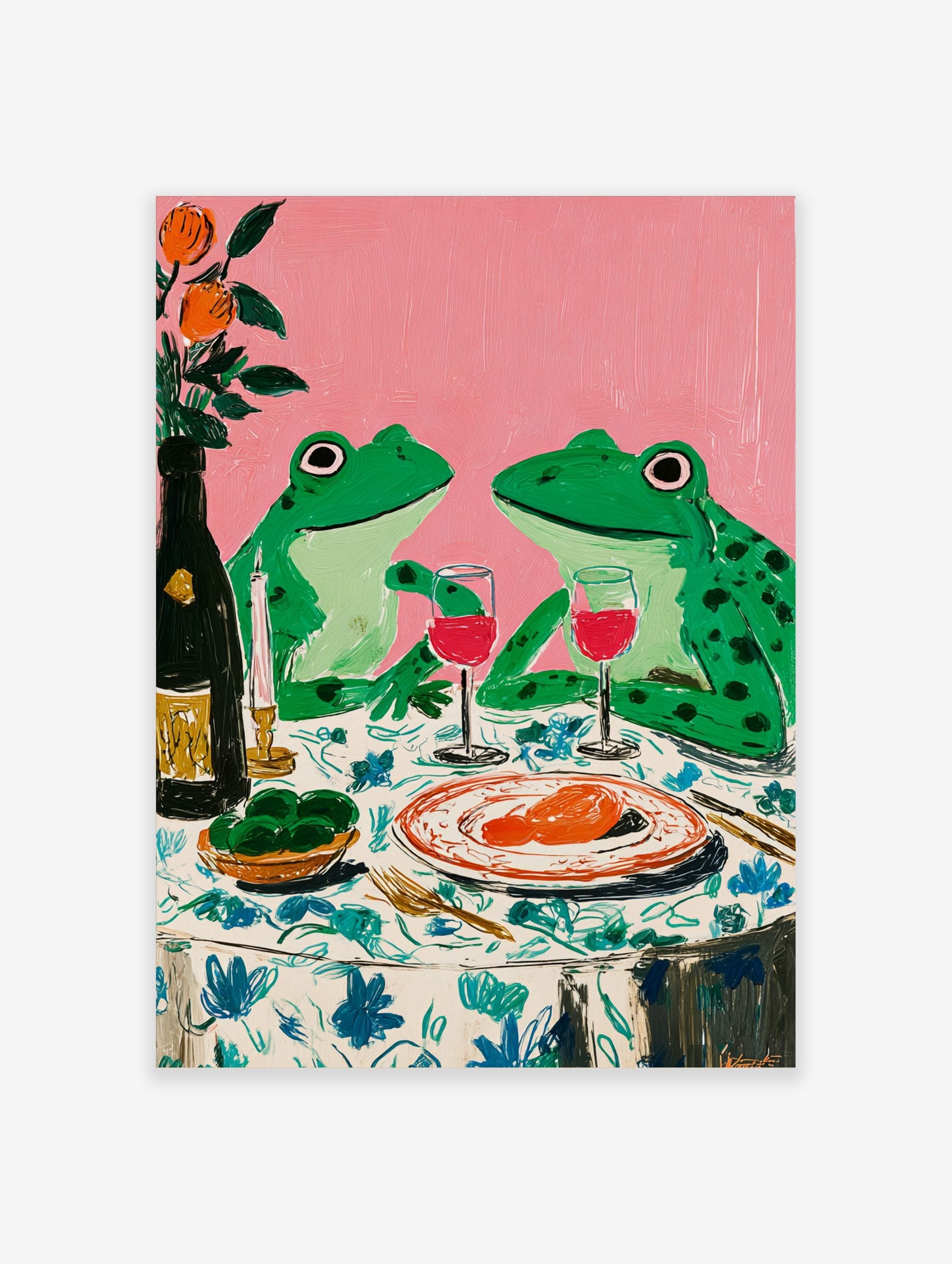 Whimsical painting of two green frogs on a dinner date with wine and food, against a pink background
