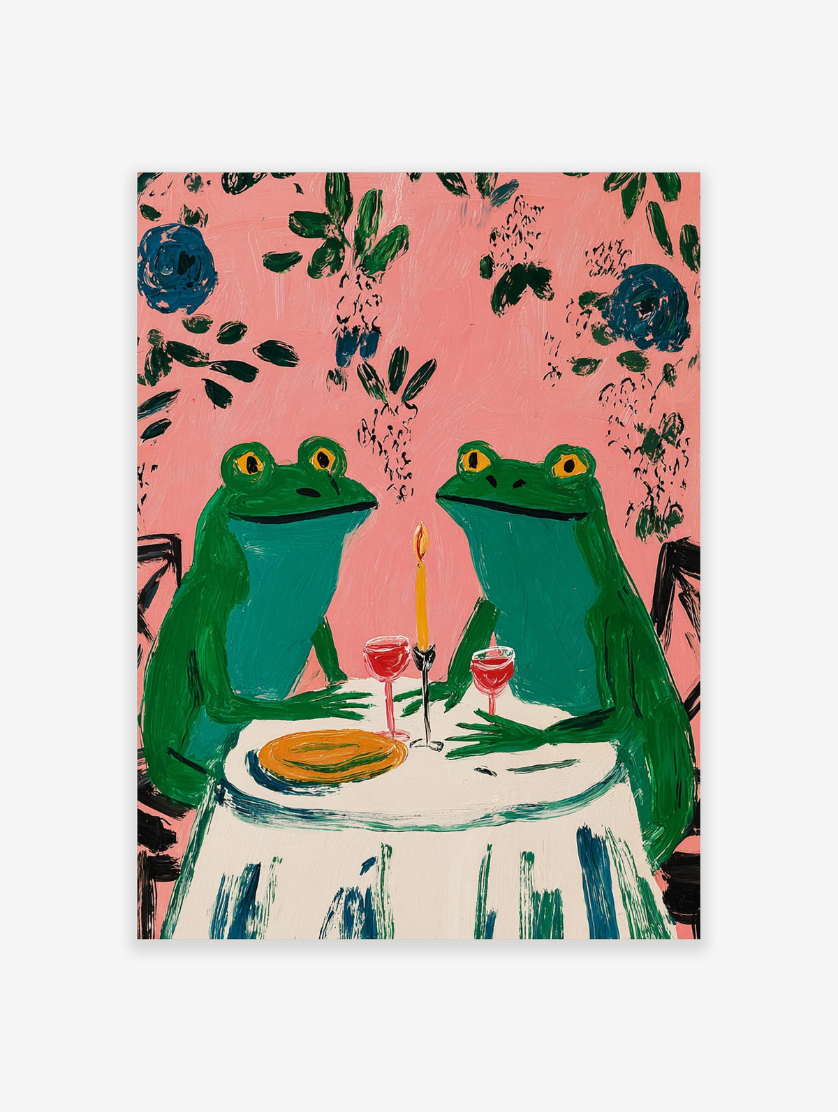 Two whimsical green frogs on a date at a table with wine and candle, pink background with leaves
