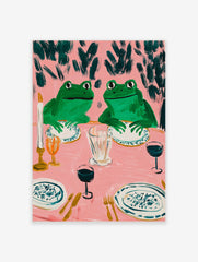 Humorous frog dinner party art print with two green frogs at a pink table set with plates, glasses, and candle