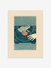 Illustrative frog DJ wall art on a turntable with a vinyl record and human hand