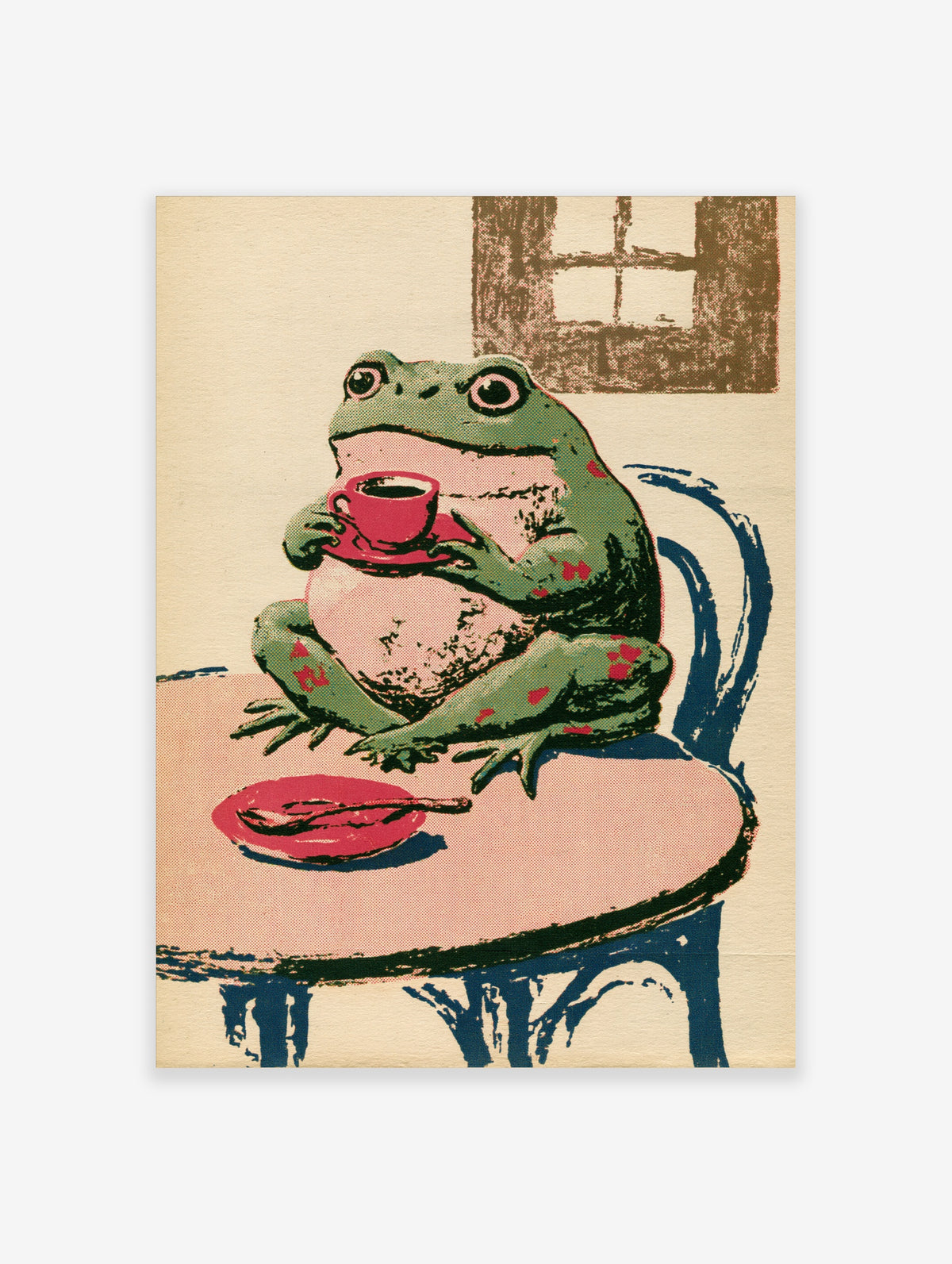 Green frog sitting on a blue chair holding a pink cup and saucer at a round table with a spoon and plate
