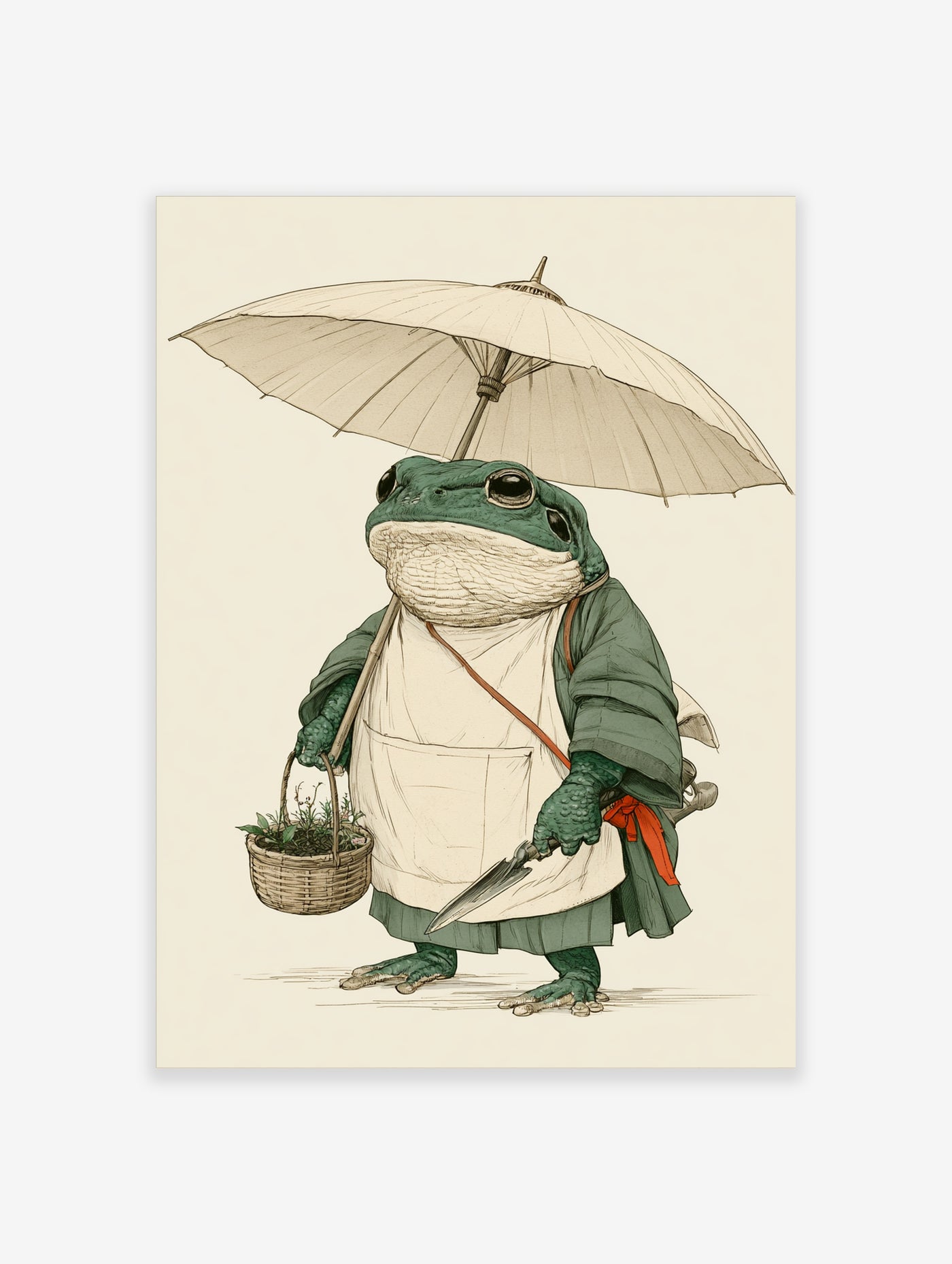 Green frog with umbrella and basket, illustrated wall art print on cream background