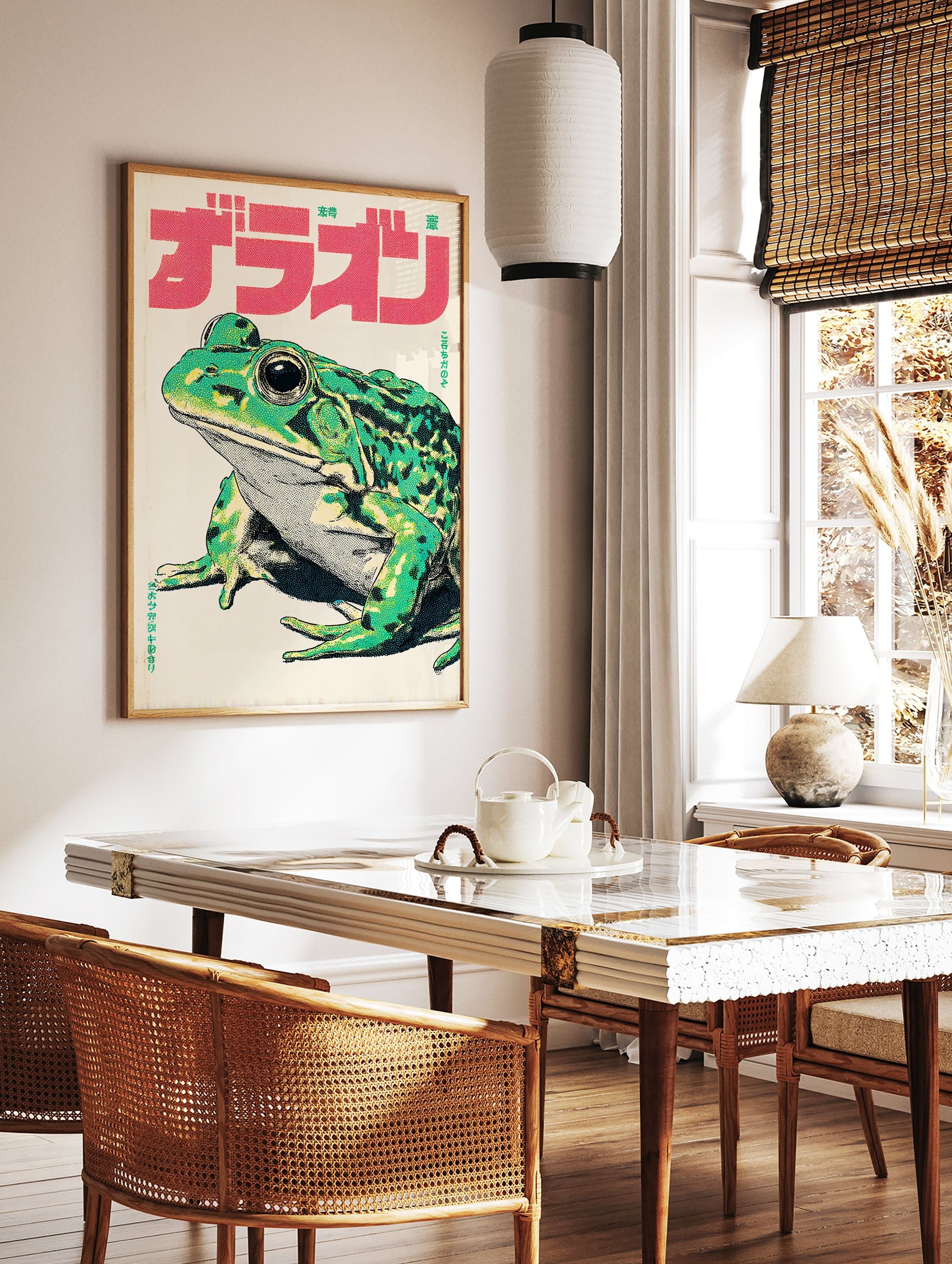 Vintage Japanese frog illustration poster featuring a green frog with red text and halftone dot pattern. - Image 2