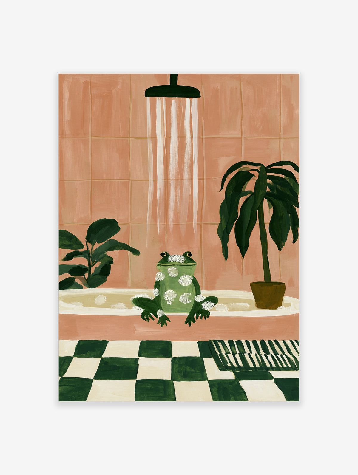 Green frog in pink bathtub with bubbles, shower head, plants, pink tiled wall, checkered floor, whimsical illustration print