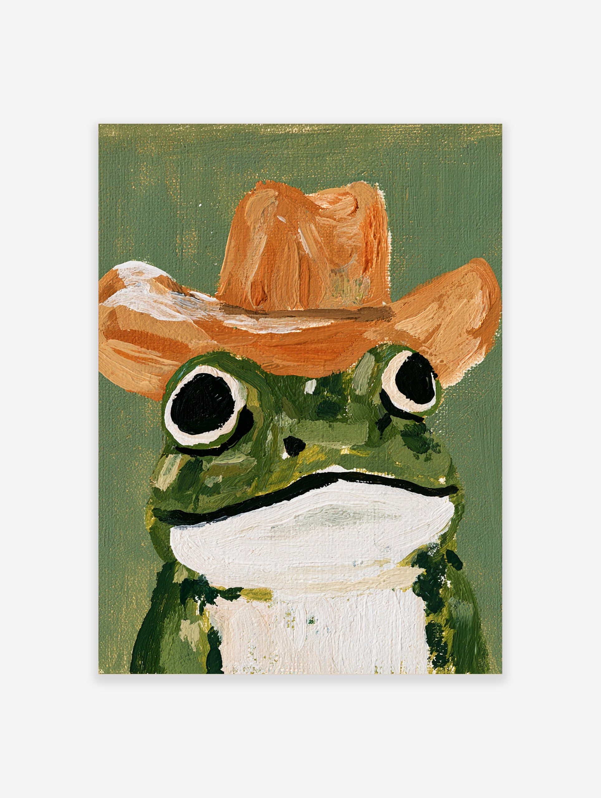 Painterly illustrative frog art print wearing a brown cowboy hat against a solid green background