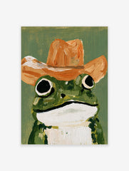 Painterly illustrative frog art print wearing a brown cowboy hat against a solid green background