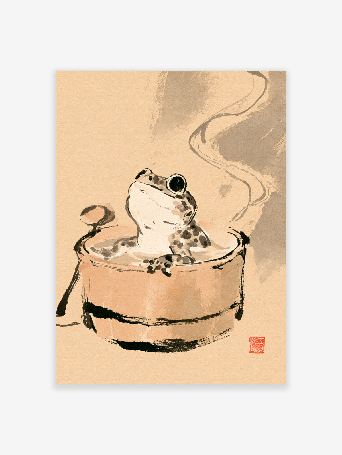 Frog in a wooden hot spring tub with steam, Japanese ink wash art print in black and beige