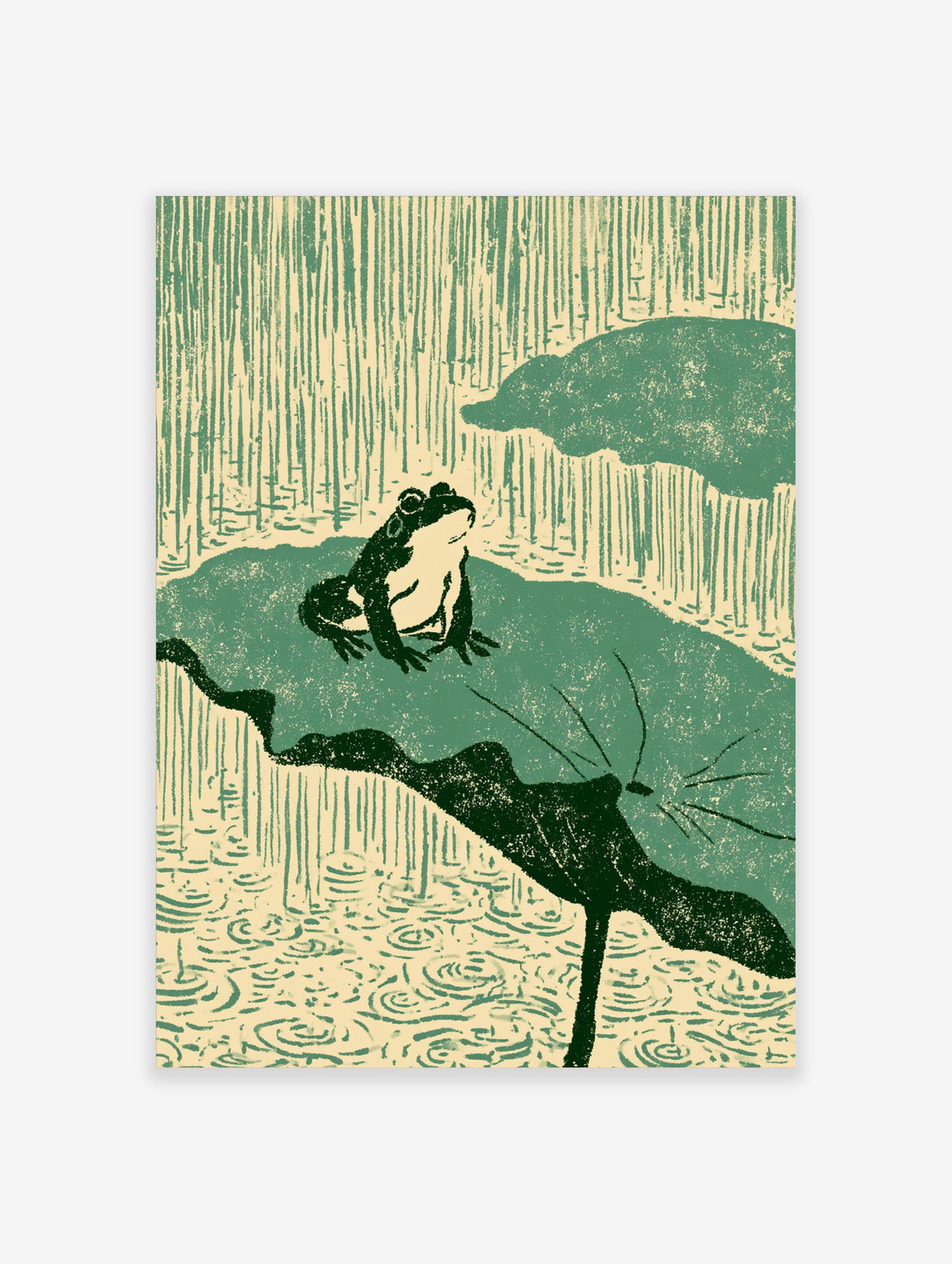 Green frog on lotus leaf in rain, cream background, illustrative frog art print