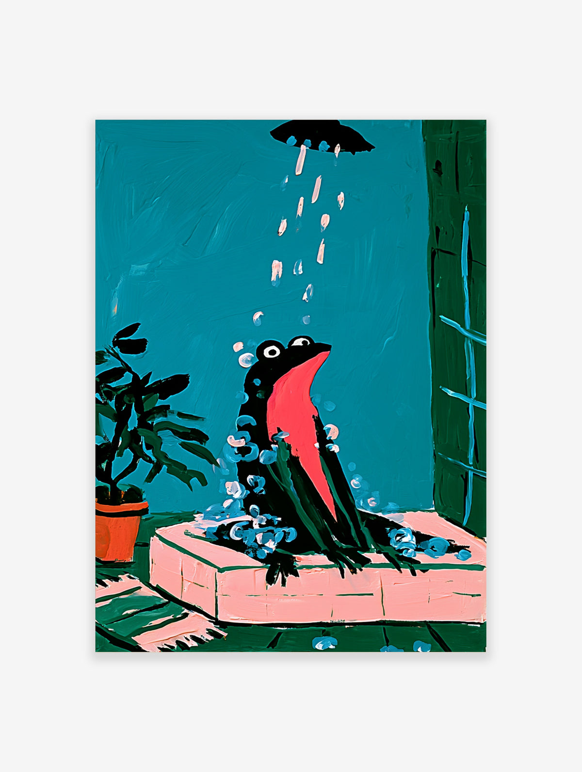 Black frog with pink belly in pink bathtub under shower, teal background, soap bubbles, unframed paper print