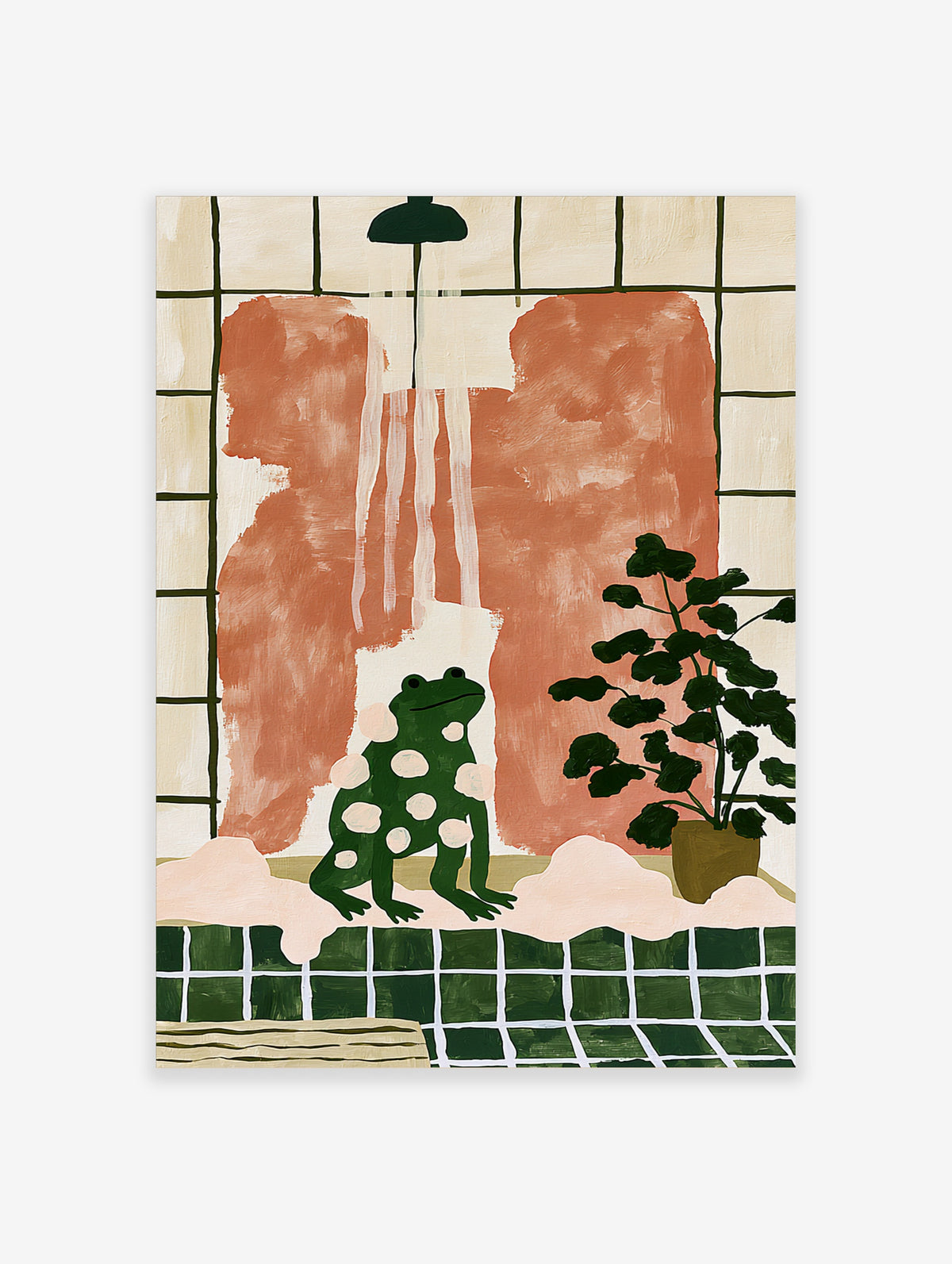 Green frog with white spots sitting in pink shower with plant, illustrative art print