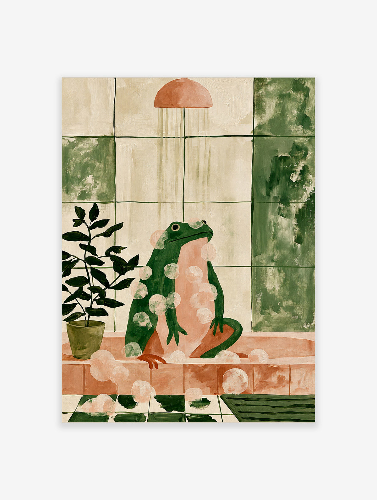 Frog in shower wall art with green tiles, pink bathtub, bubbles, and plant