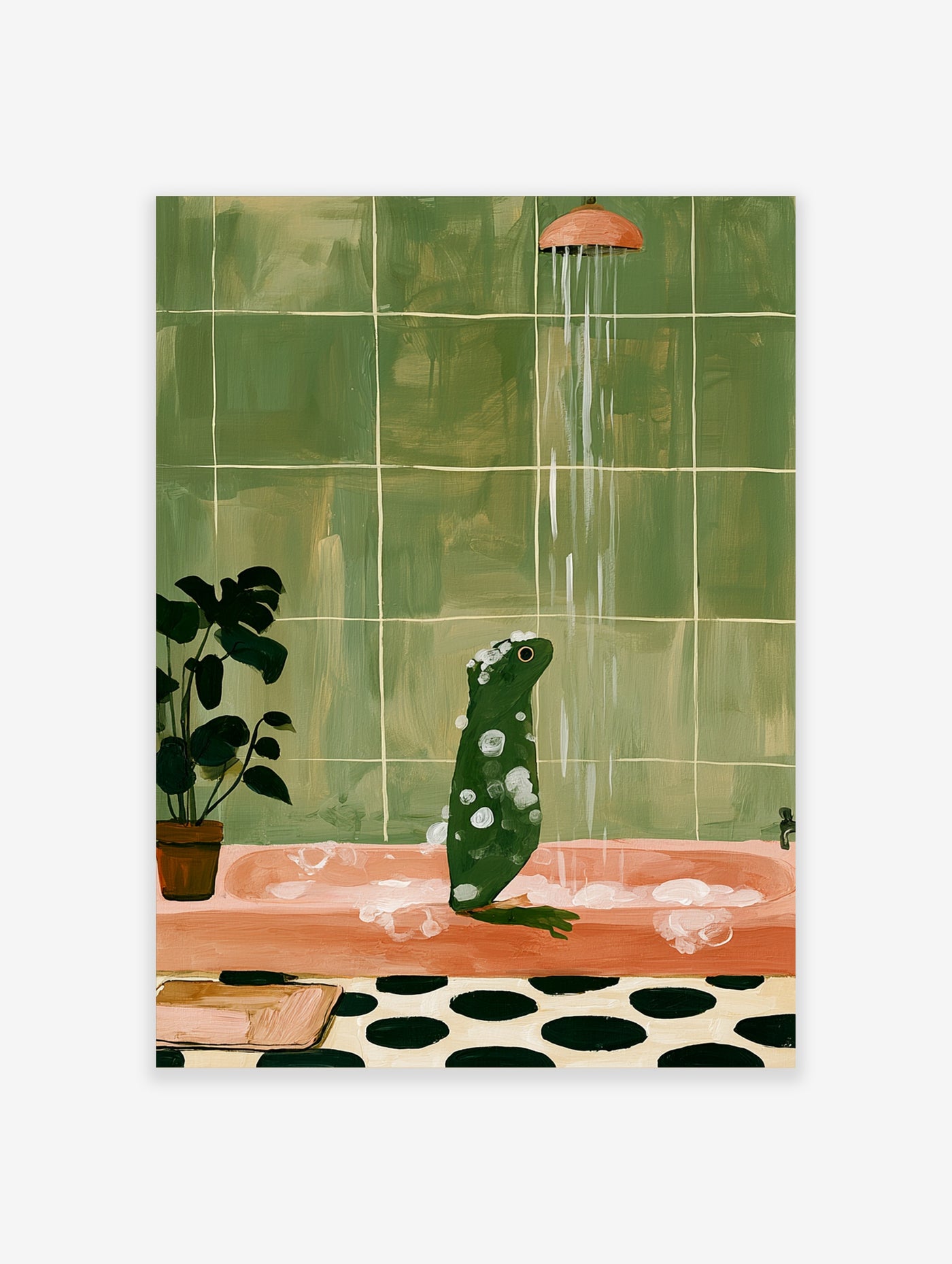 Green frog in pink bathtub showering under coral showerhead, sage green tiles, polka dot floor, illustrated wall art
