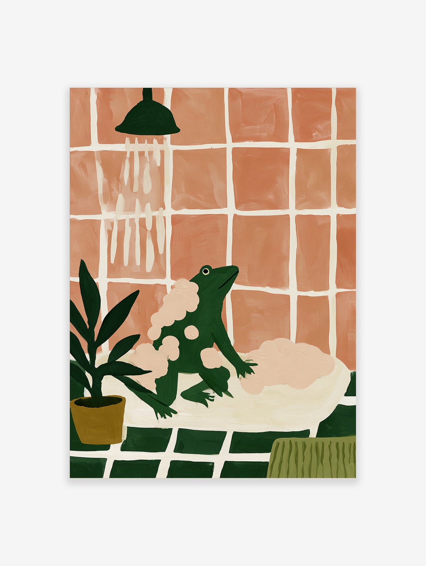 Green frog in bathtub with pink bubbles, terracotta tiles, and plant, playful illustration wall art