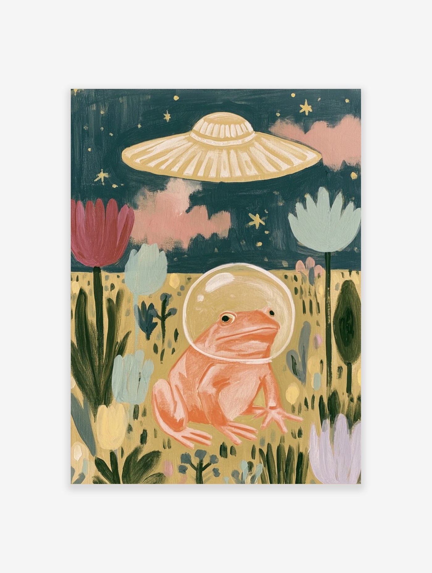 Pink frog in space helmet with UFO and flowers, retro sci-fi illustration art print