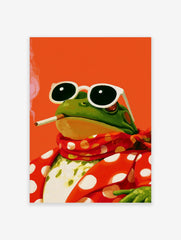 Illustration of a frog wearing sunglasses and a red polka-dot suit, smoking, against a bright orange background