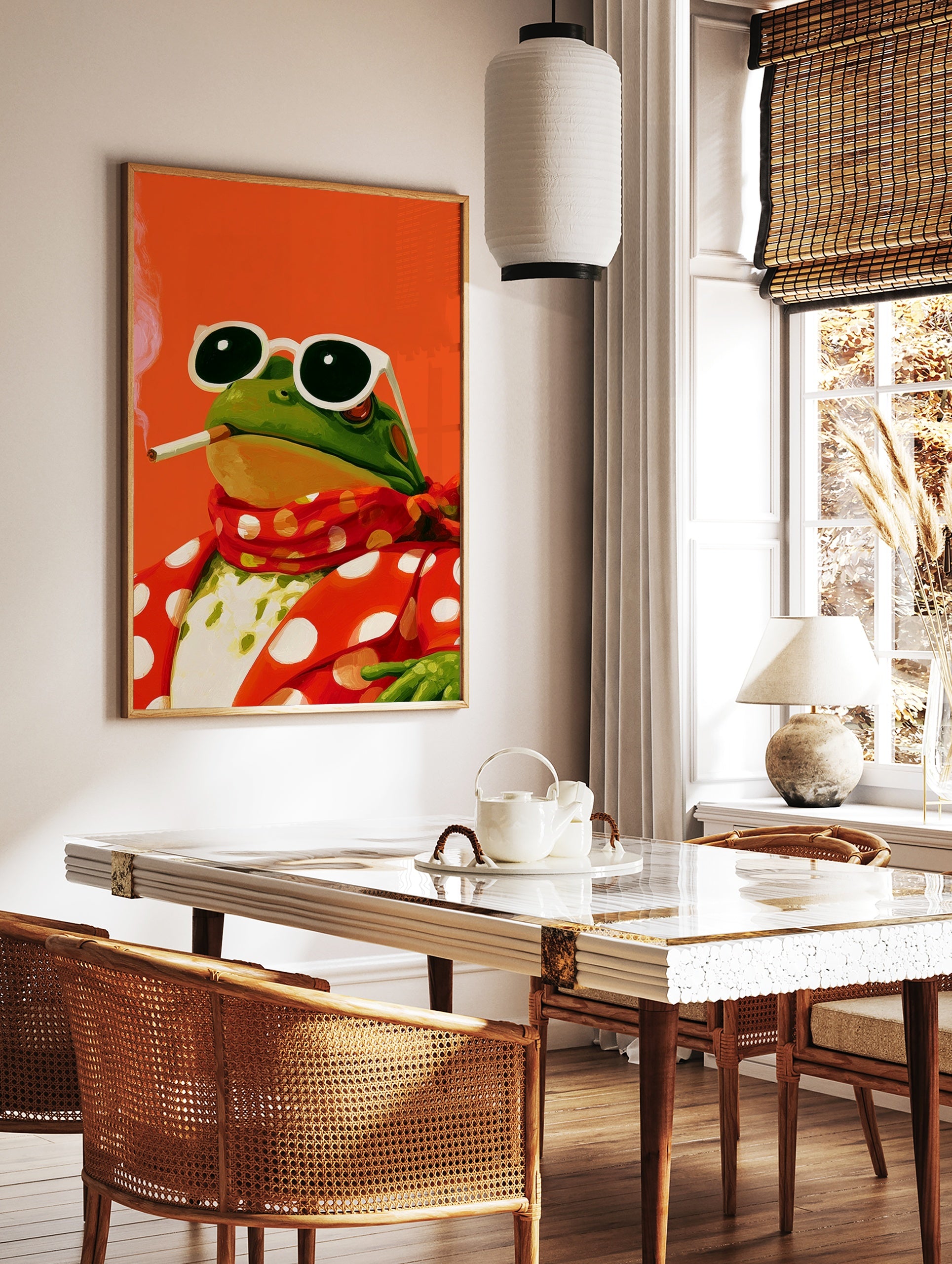 Illustration of a frog wearing sunglasses and a red polka-dot suit, smoking, against a bright, in a styled room mockup