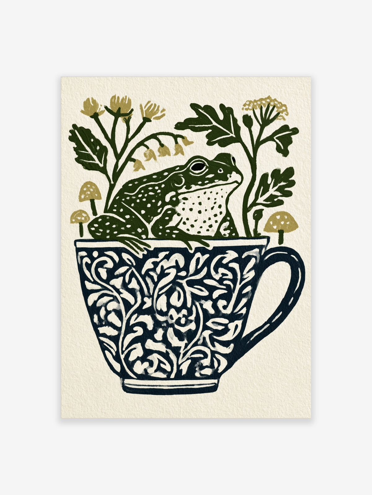 Green frog sitting in a navy floral teacup with wildflowers and mushrooms, animal art print