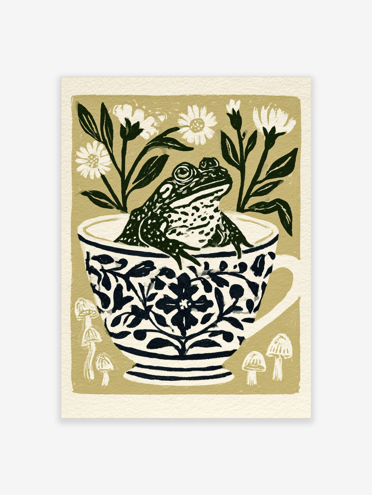 Frog in blue floral teacup with daisies and mushrooms on tan background art print