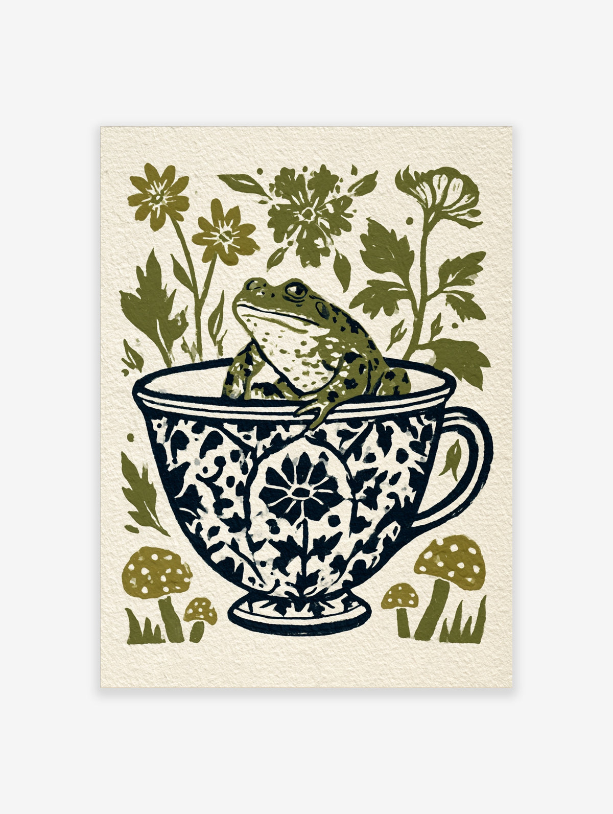 Green frog in blue and white teacup with olive botanical flowers and mushrooms art print