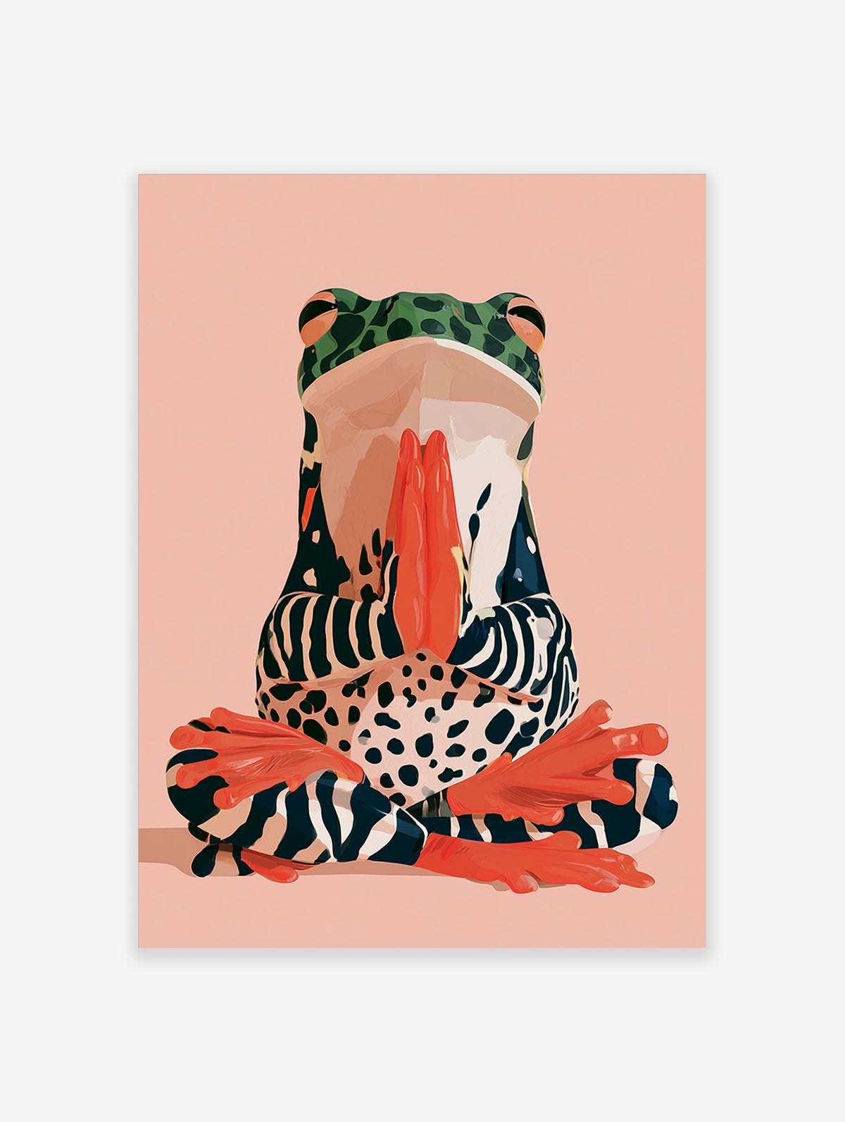 Meditating frog with orange hands, green spotted head, and striped limbs on pink background