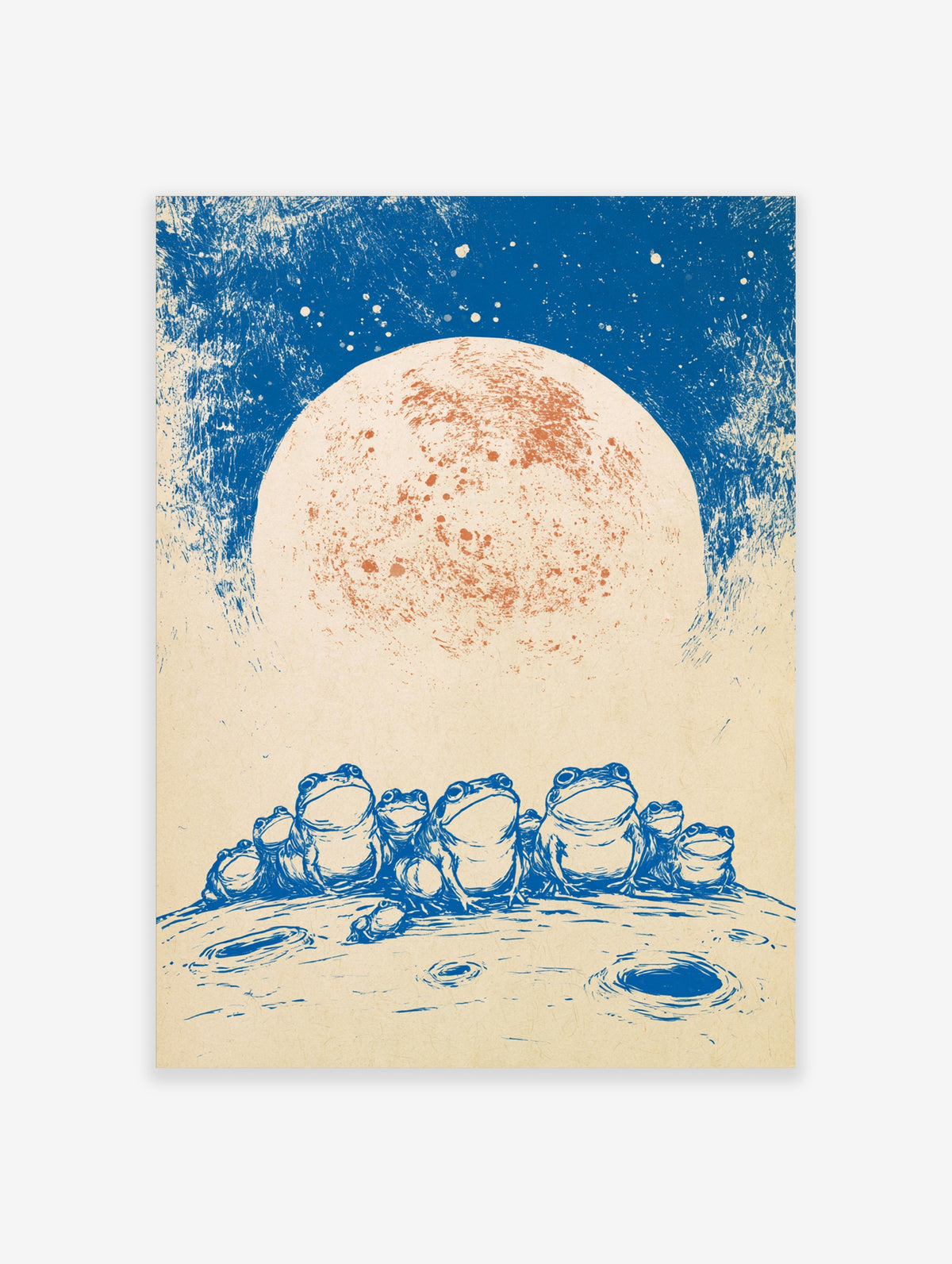 Group of frogs looking up at a large textured moon, blue illustration print