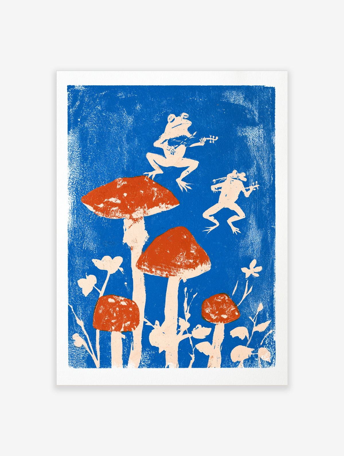 Blue and orange frog musician poster with two fiddling frogs on red-capped mushrooms