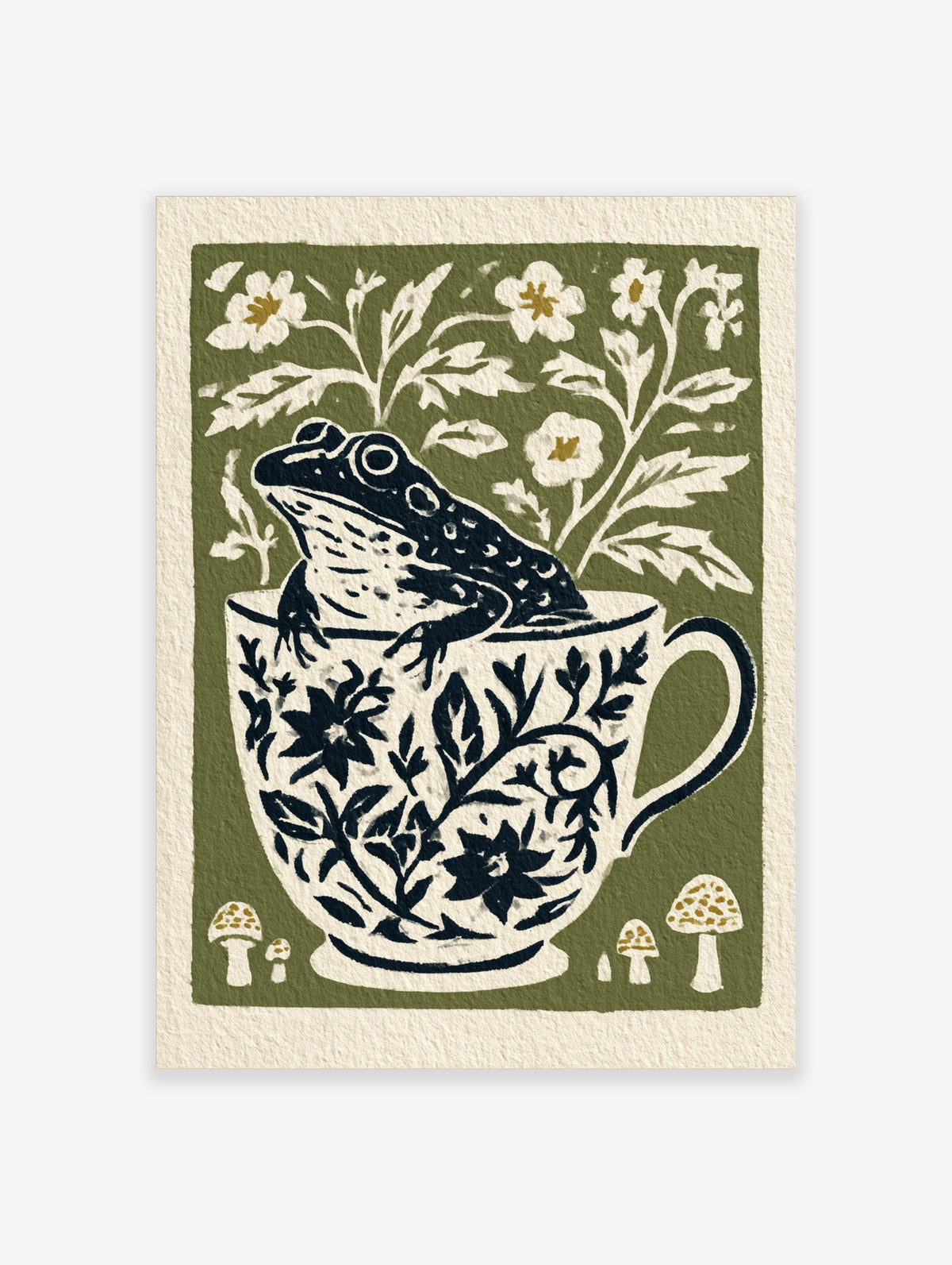 Frog on floral teacup art print with white blossoms and mushrooms on olive green background
