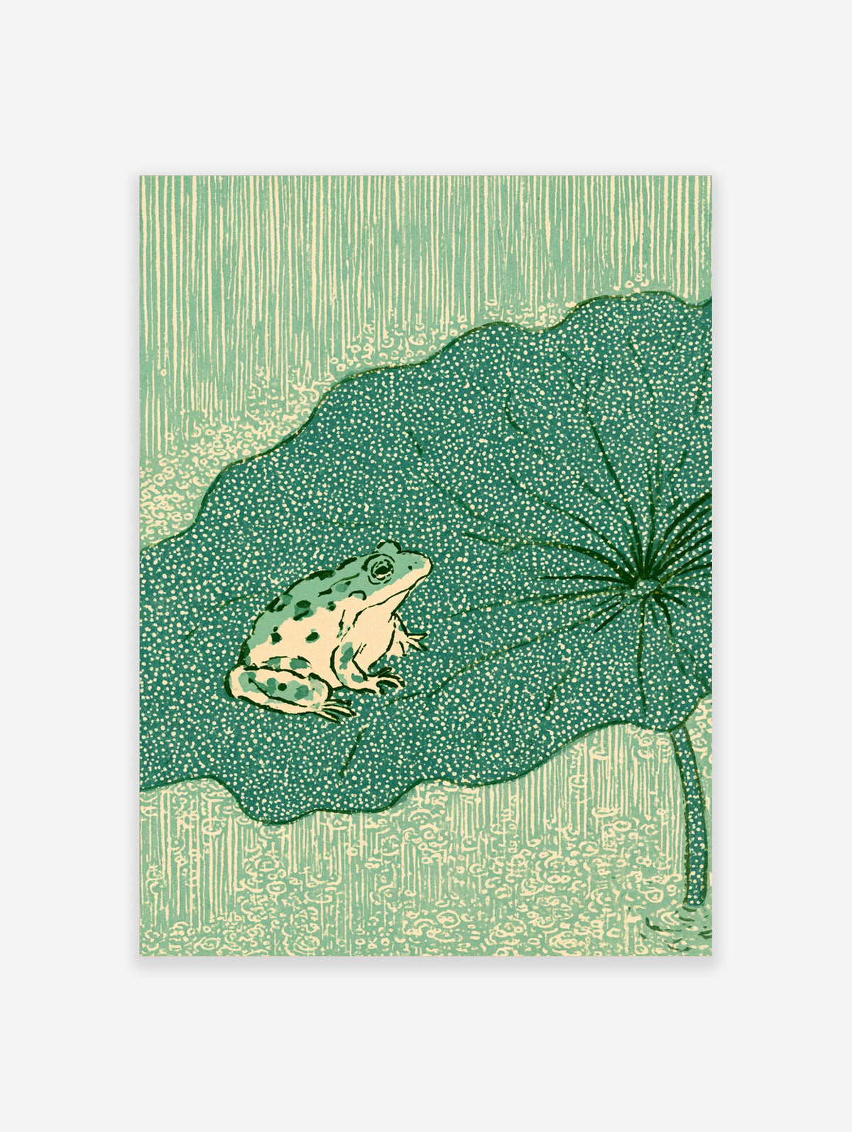Green frog on teal lily pad with raindrops, Japanese woodblock style art print
