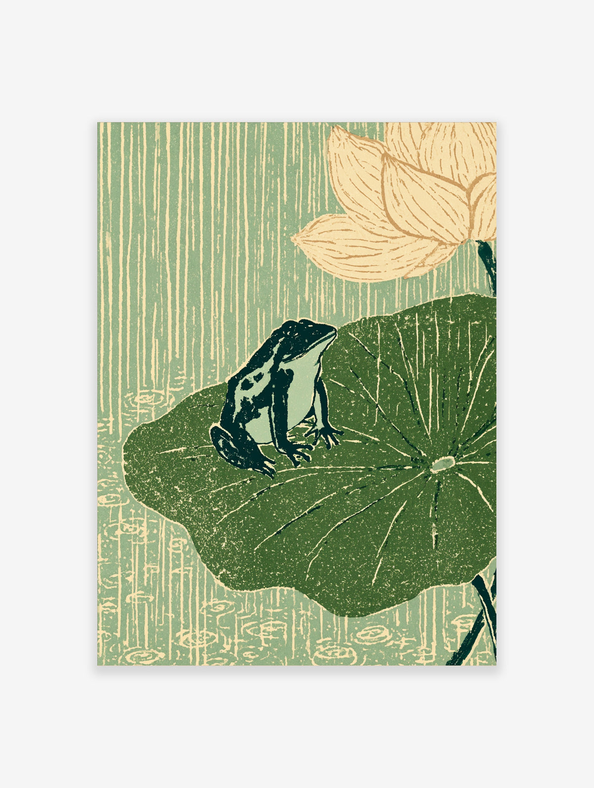 Frog on lotus leaf poster with cream flower and rain in Japanese woodblock style