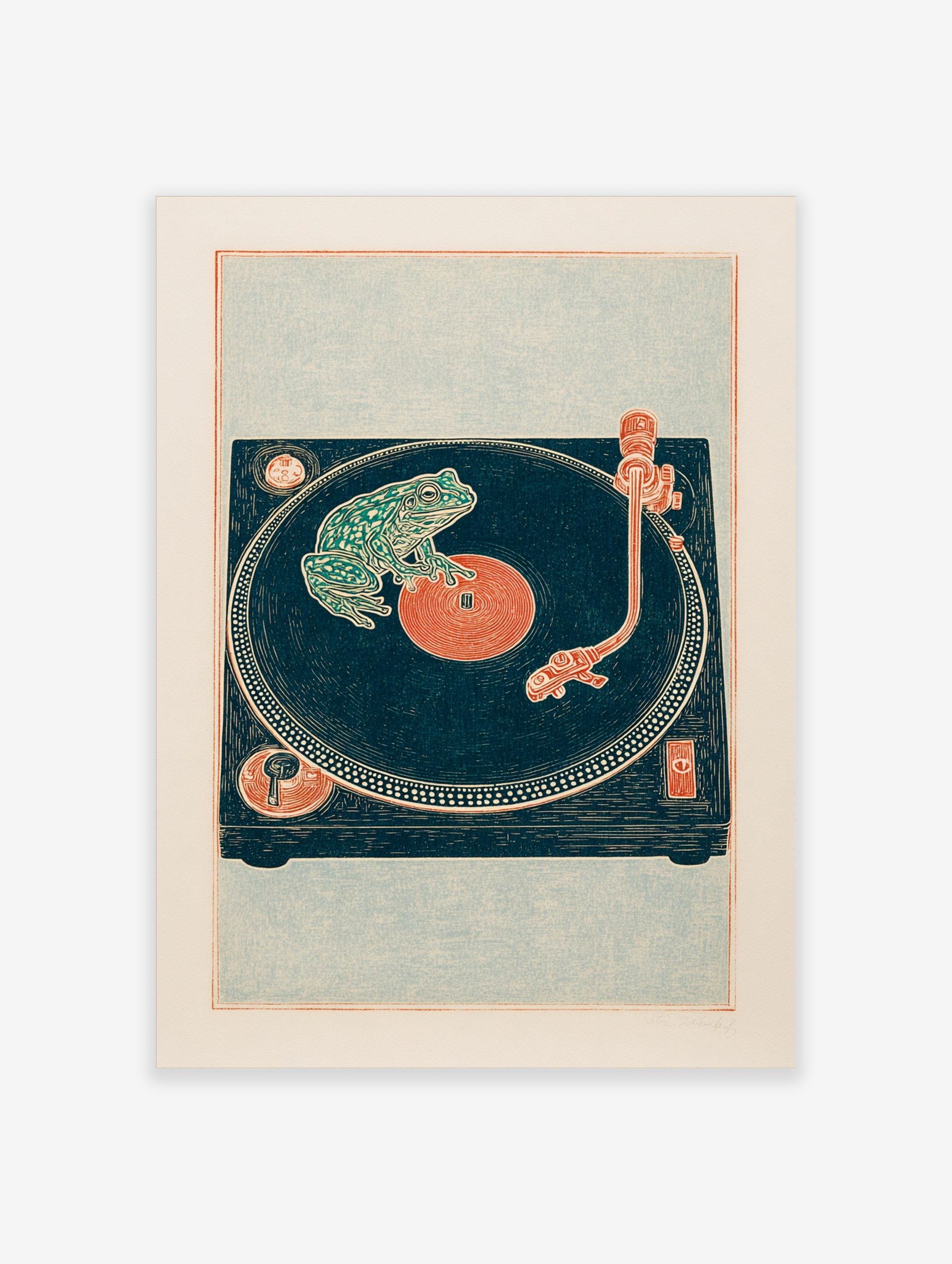 Illustrative green frog on a deep teal vinyl record and turntable art print with reddish-orange details