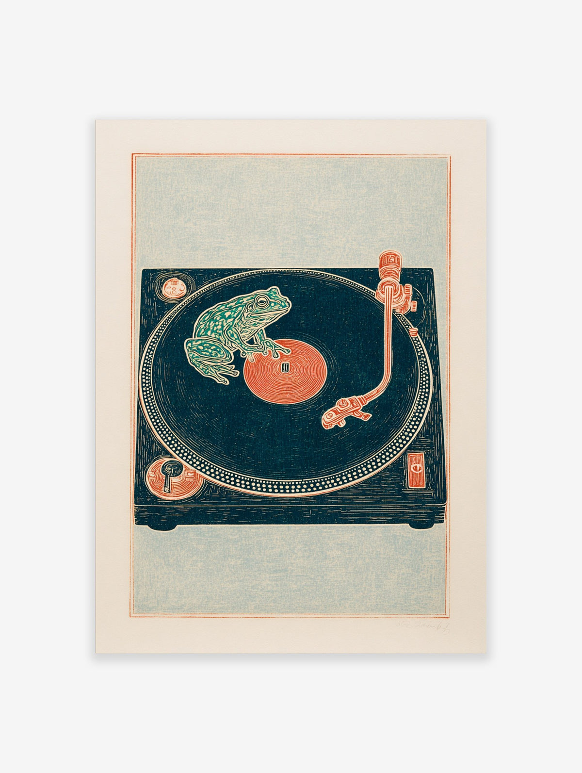 Illustrative green frog on a deep teal vinyl record and turntable art print with reddish-orange details
