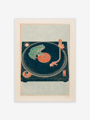 Illustrative green frog on a deep teal vinyl record and turntable art print with reddish-orange details