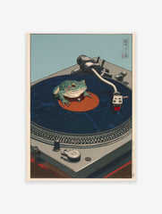 Japanese style illustration of a green frog sitting on a dark blue vinyl record on a grey turntable with light blue