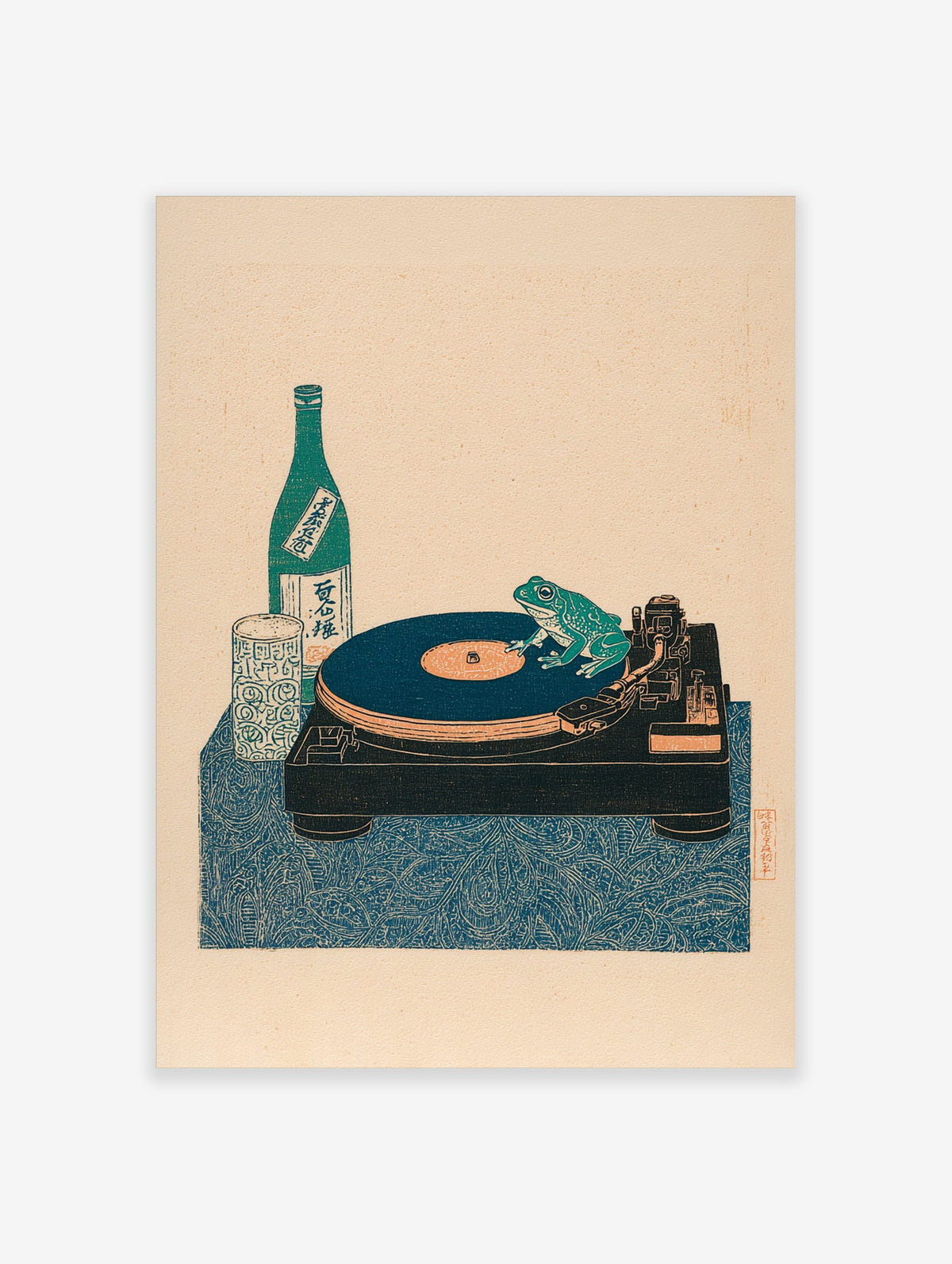 Japanese woodblock style art print of a green frog on a turntable with sake bottle and glass