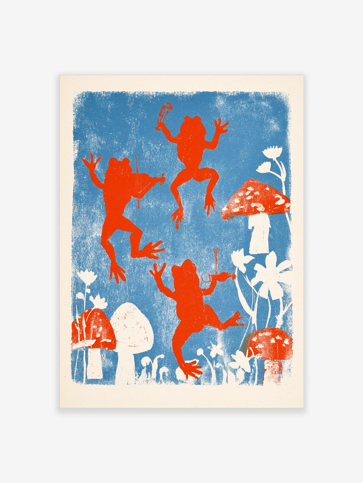 Orange frogs playing violins and dancing on blue background with red mushrooms art print